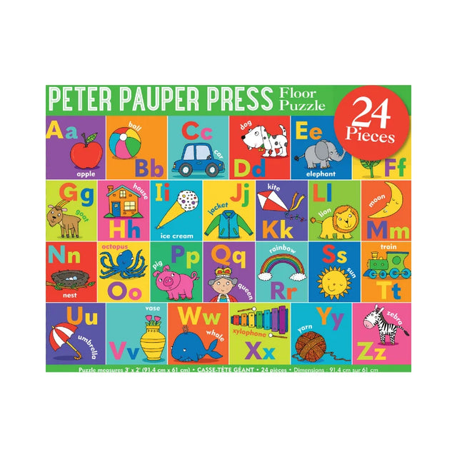 A colorful children's floor puzzle box featuring the alphabet and simple illustrations. The top banner reads 'PETER PAUPER PRESS Floor Puzzle' and a red circle says '24 Pieces.