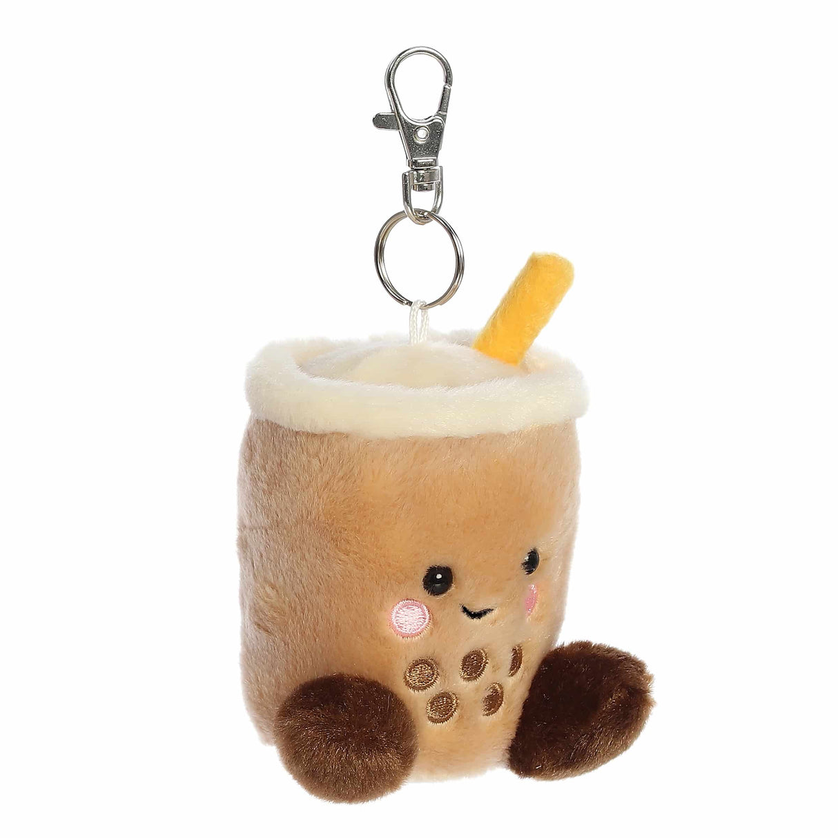 Plush keychain shaped like a bubble tea cup with a face on a white background
