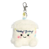 Plush keychain with 'Happy Birthday' text on a white background