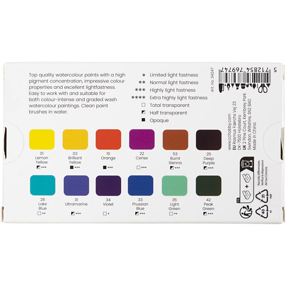 Art Watercolour Paint - ½ Pan (12 Colours)