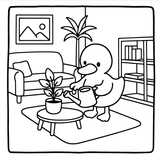 Cartoon character watering a plant in a living room setting