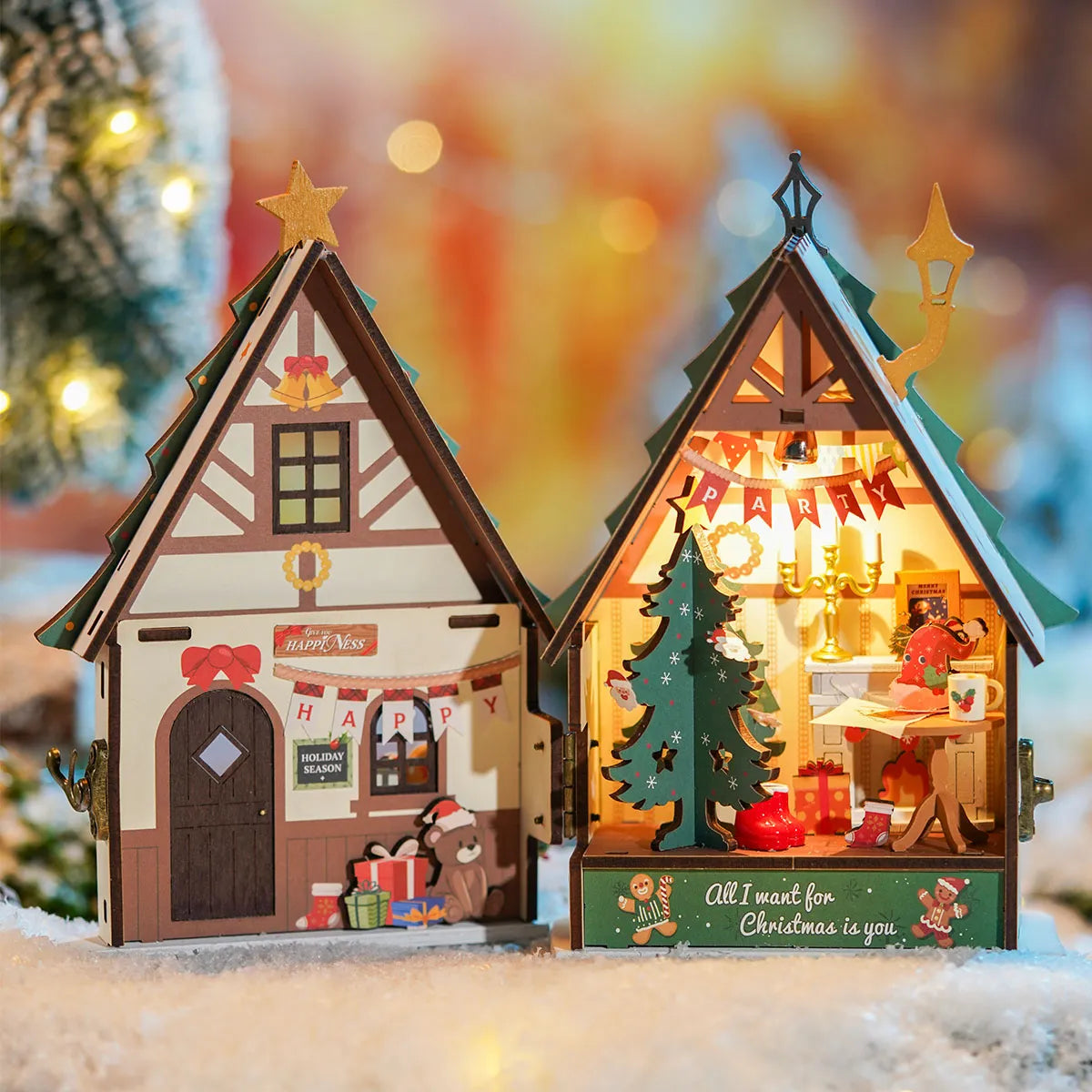 DIY Miniature Wooden Dollhouse - Twinkling Christmas House