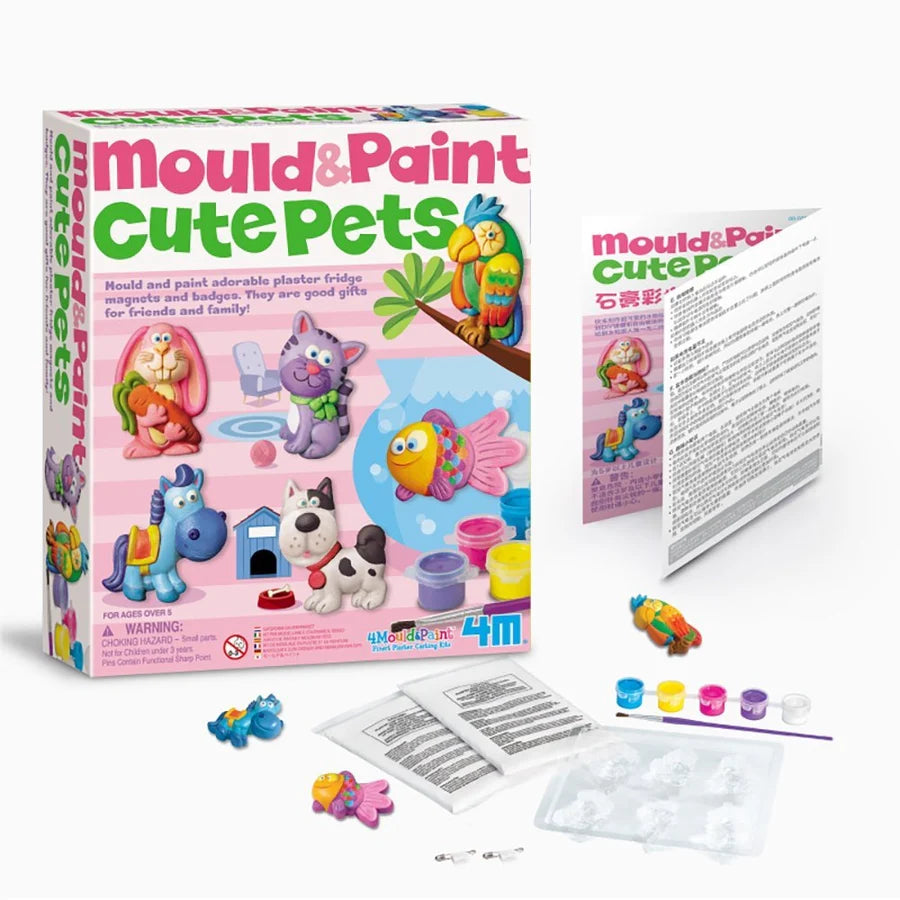 Mould & Paint Cute Pets kit with packaging, paint bottles, and instructions on a white background