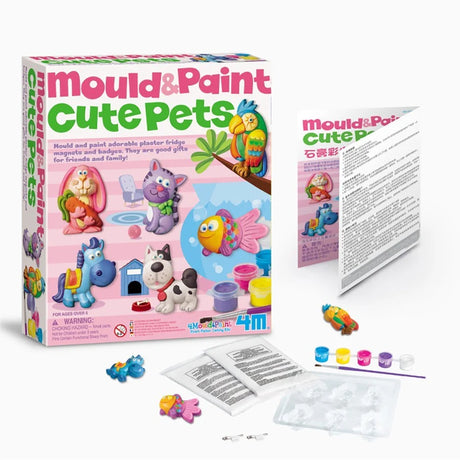 Mould & Paint Cute Pets kit with packaging, paint bottles, and instructions on a white background