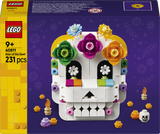 LEGO Day of the Dead skull set packaging with colorful flowers on a purple background