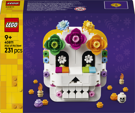 LEGO Day of the Dead skull set packaging with colorful flowers on a purple background
