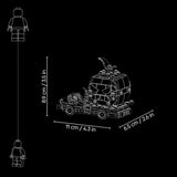 White line drawing of a small toy vehicle on a black background, with dimension labels showing 11 cm by 6.5 cm and an 89 cm height, plus minifigure height markers on the left.