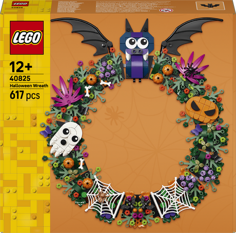 LEGO 40825 Halloween Wreath box front, showing a decorated wreath with a purple bat, white ghost, orange jack-o'-lantern, spiderwebs, and colorful flowers on an orange background with a yellow LEGO logo panel on the left.