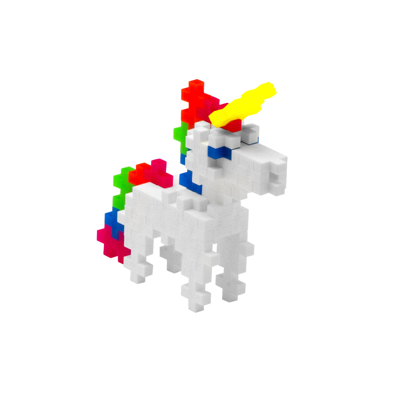 Colorful unicorn toy made of interlocking bricks on a white background