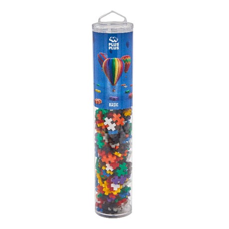 Tube of colorful puzzle pieces with a brand logo on a white background
