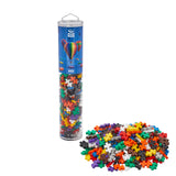 Colorful building blocks in a cylindrical tube with a colorful label on a white background