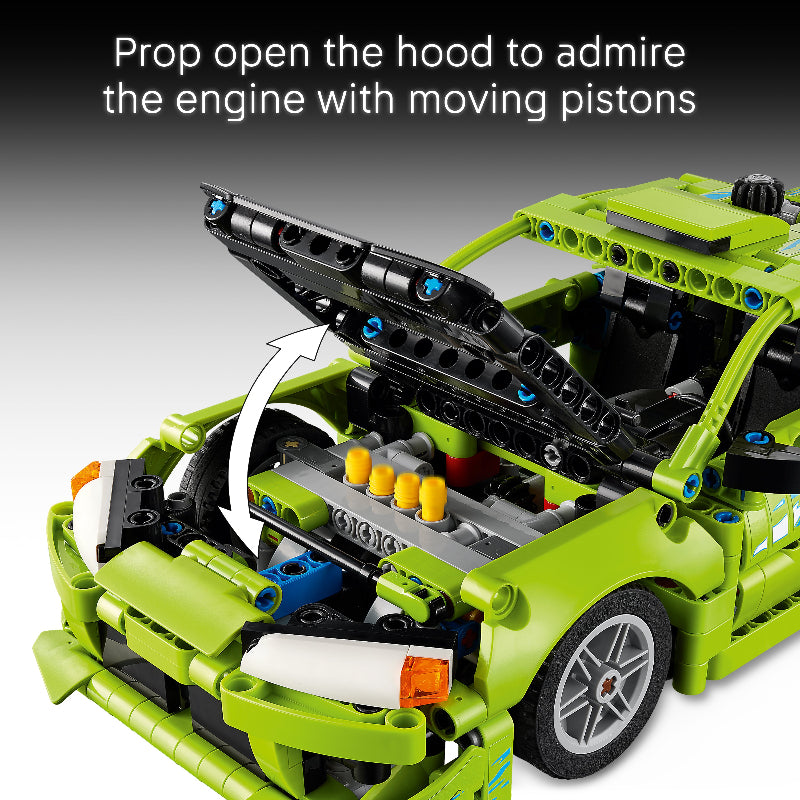 Green toy car with open hood showing engine with moving pistons, text 'Prop open the hood to admire the engine with moving pistons'.