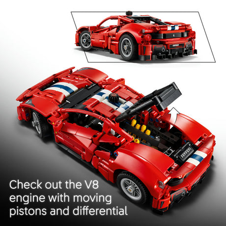 Red building block toy sports car shown from an open hood angle with text reading 'Check out the V8 engine with moving pistons and differential,' plus a smaller top-view inset of the assembled model on a white background.