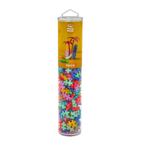 Tube of colorful puzzle pieces with a tropical design on the label.