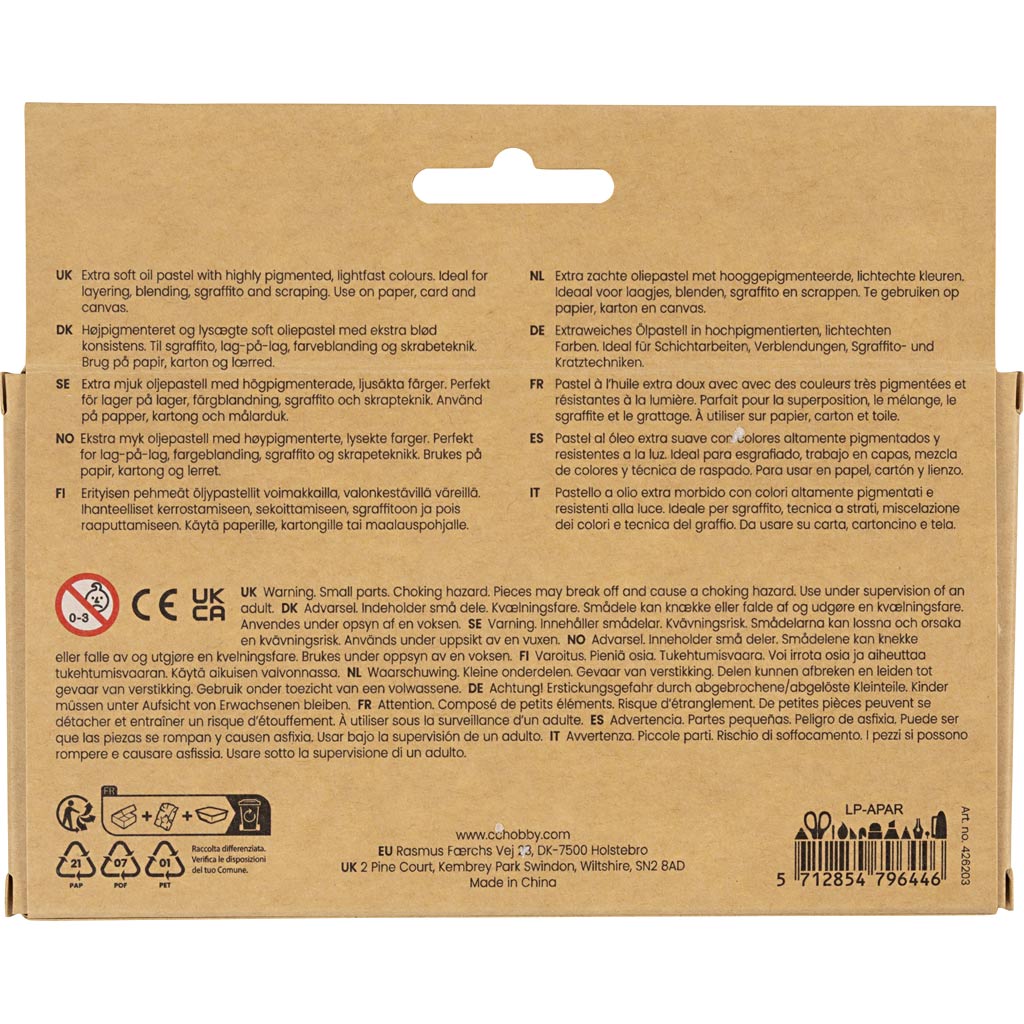 Oil Pastels L:7cm Thickness 11mm - Standard Colours (12 Pack)
