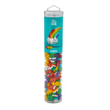 Tube of colorful building blocks with Plus Plus branding on a white background