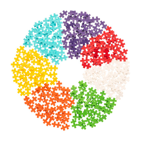 Colorful puzzle pieces arranged in a circular pattern on a white background