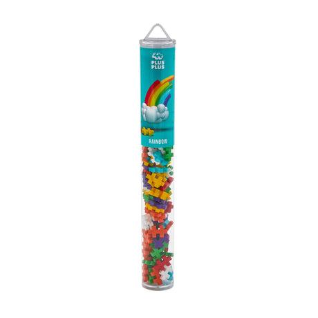 Tall cylindrical container with colorful beads and a rainbow design on a white background