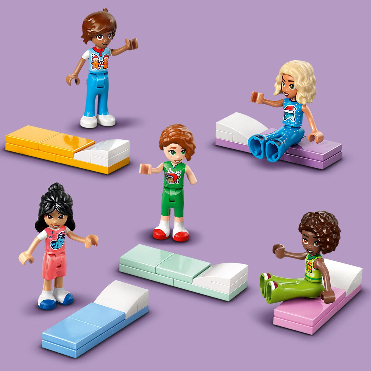 Set of LEGO figurines with colorful beds on a purple background