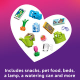 Collection of toys and items including snacks, pet food, beds, a lamp, and a watering can on a heart-shaped background.