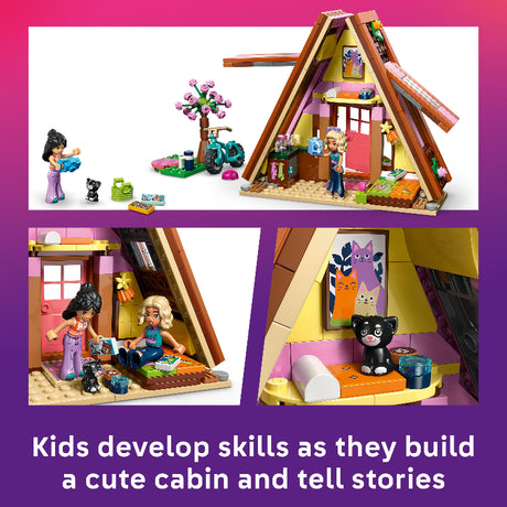 LEGO Friends cabin set with characters and furniture on a purple and pink gradient background.