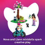 LEGO minidolls with a tree and accessories on a gradient background