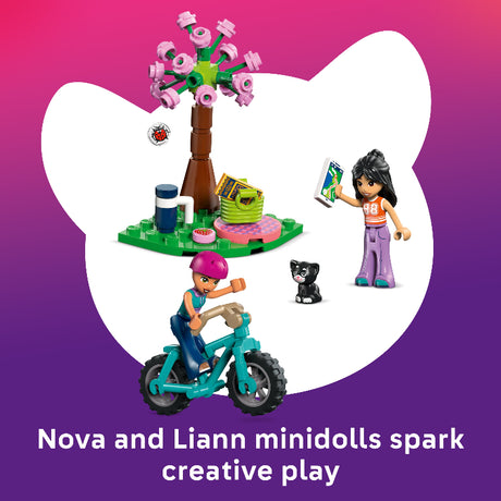 LEGO minidolls with a tree and accessories on a gradient background
