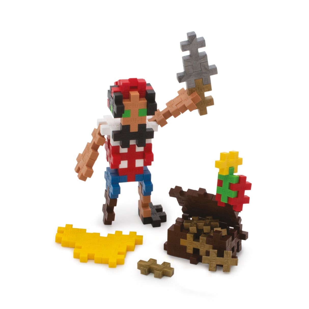 Toy figure of a pirate with a sword, treasure chest, and map on a white background