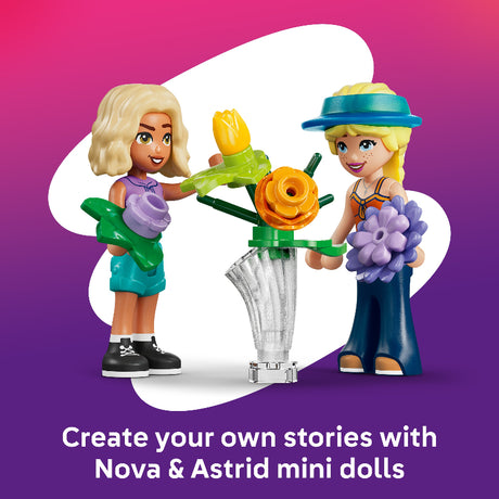 Two dolls holding flowers with text 'Create your own stories with Nova & Astrid mini dolls' on a purple and pink gradient background.