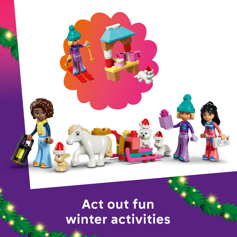 Winter-themed toy set with four child figurines, a white horse, two small dogs, a small building stall, and a sleigh, shown on a white background with a purple decorative border and the text 'Act out fun winter activities.'.