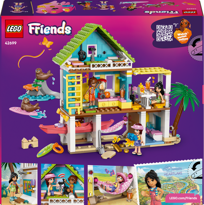 LEGO Friends beach house set packaging with characters and accessories on a purple background