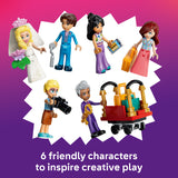 Set of six toy characters on a purple and white background with text '6 friendly characters to inspire creative play'.