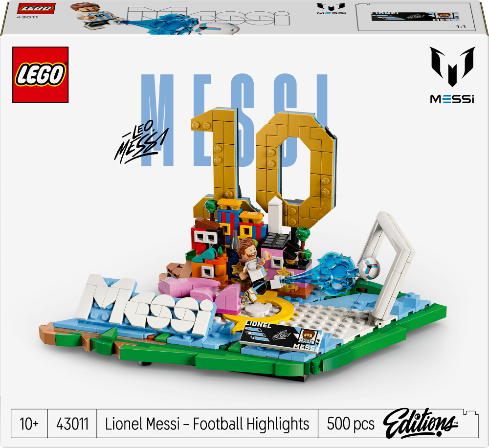 LEGO Lionel Messi football highlights set packaging with branding and product details.