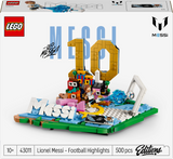 LEGO Lionel Messi football highlights set packaging with branding and product details.