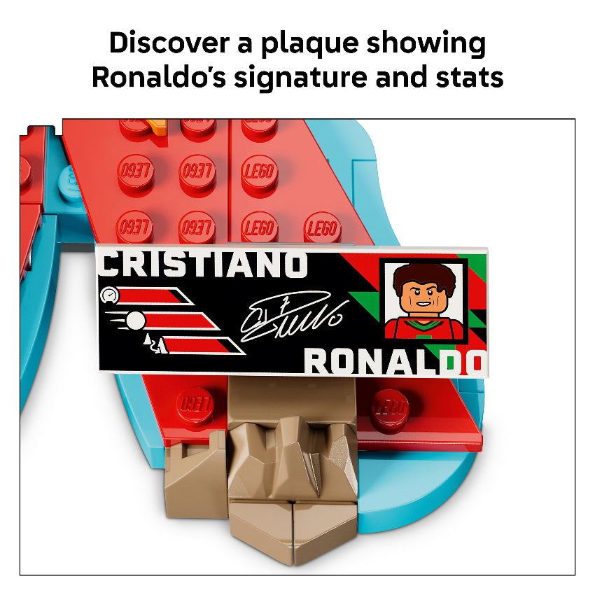LEGO plaque with Cristiano Ronaldo's signature and stats on a white background