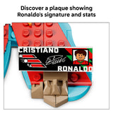 LEGO plaque with Cristiano Ronaldo's signature and stats on a white background