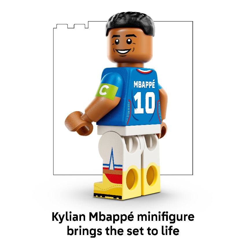 LEGO minifigure of a soccer player in a blue jersey with 'Mbappé' and number '10'.