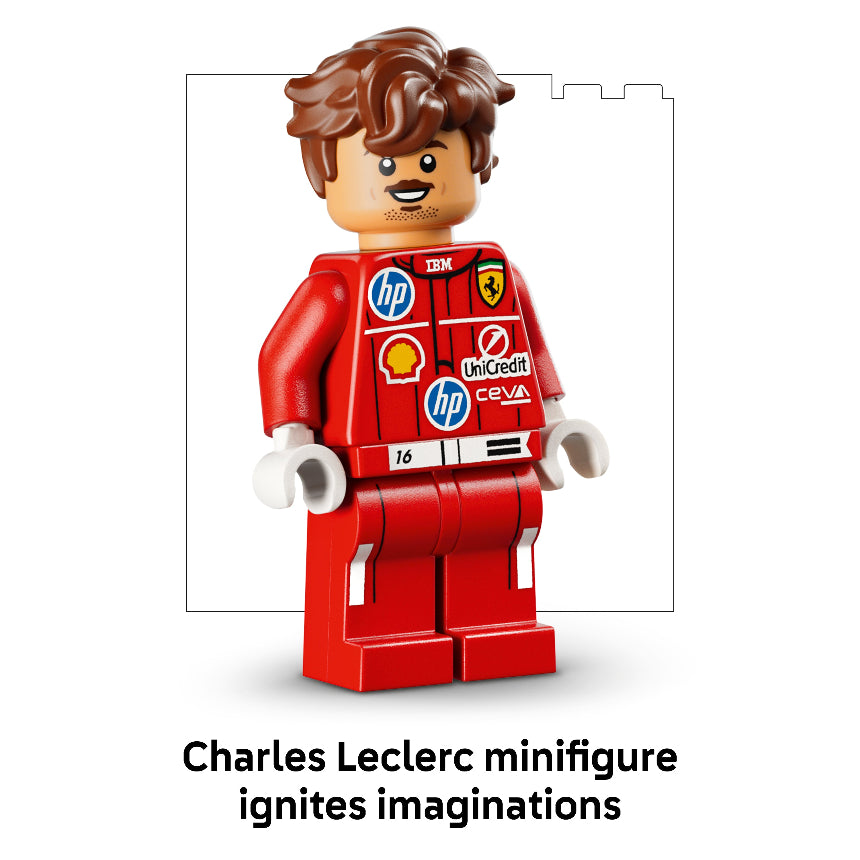 LEGO minifigure of Charles Leclerc with sponsor logos on a white background