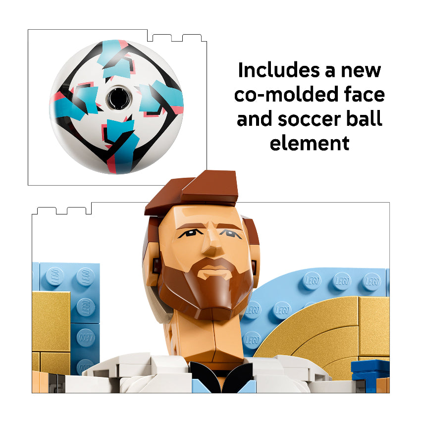 LEGO figure head with a soccer ball element and text about a new co-molded face and soccer ball.