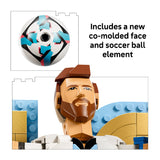 LEGO figure head with a soccer ball element and text about a new co-molded face and soccer ball.