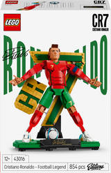 LEGO Cristiano Ronaldo figure packaging with branding and product details.