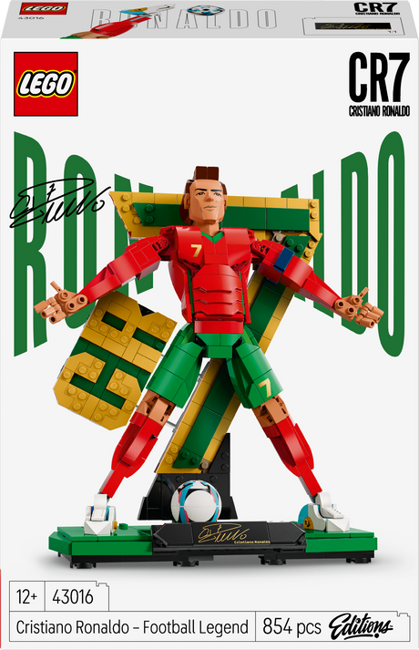 LEGO Cristiano Ronaldo figure packaging with branding and product details.