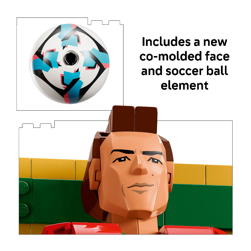 Soccer ball with co-molded face design and LEGO figure head on a white background