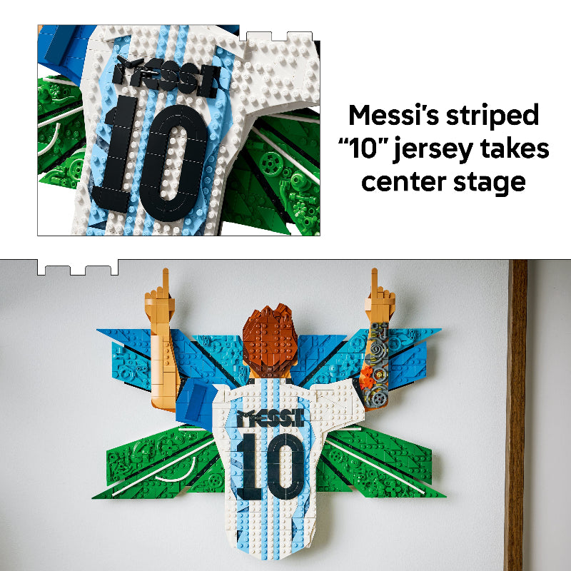 LEGO model of a soccer jersey with number 10 and 'Messi' branding, displayed on a white background.
