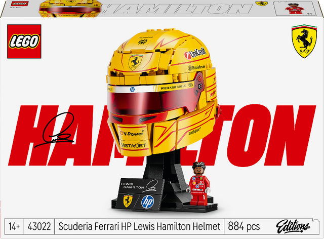 LEGO Scuderia Ferrari HP Lewis Hamilton Helmet set packaging with helmet and figure on a white background