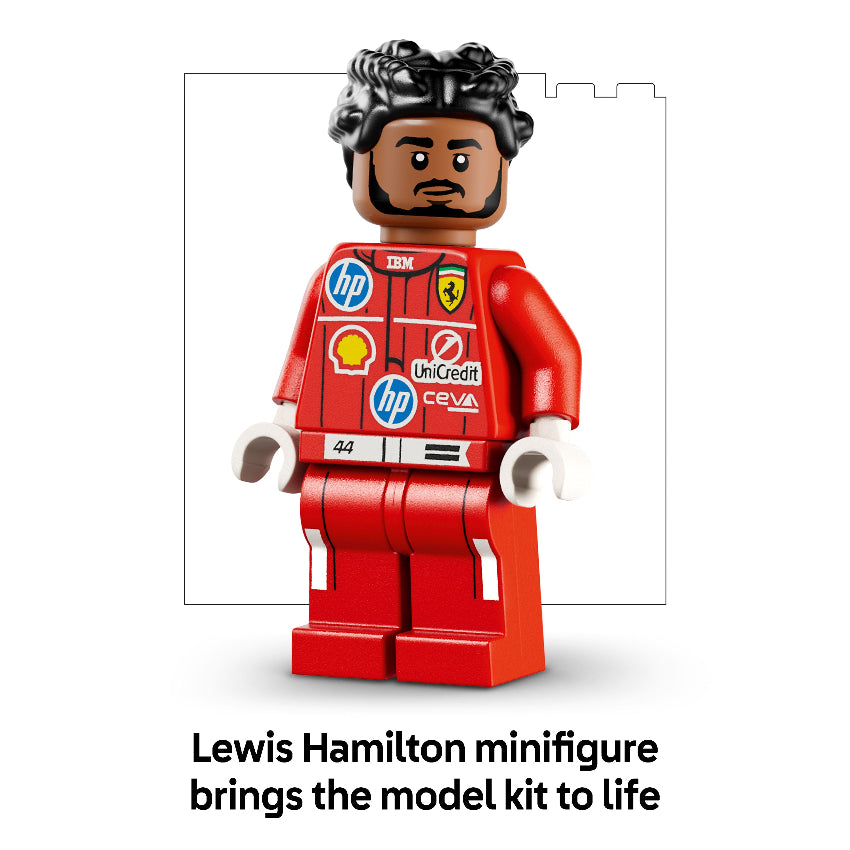 LEGO minifigure of a driver in a red racing suit with various logos on a white background.