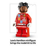 LEGO minifigure of a driver in a red racing suit with various logos on a white background.