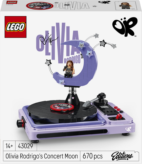 LEGO Olivia Rodrigo 'Concert Moon' building set box front, showing the assembled purple record player and moon-shaped platform with stars, plus LEGO and OR logos and product text on a white background.