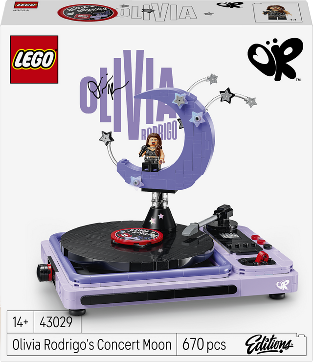 LEGO Olivia Rodrigo 'Concert Moon' building set box front, showing the assembled purple record player and moon-shaped platform with stars, plus LEGO and OR logos and product text on a white background.