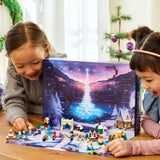 Two children playing with a LEGO Advent calendar on a table.